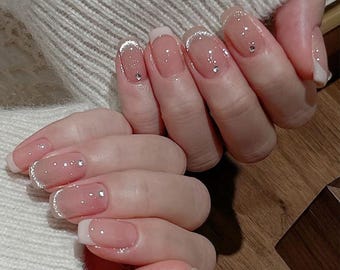 Handmade White French Tips Press On Nails - Reusable Manicure Fingernails - Natural Fake Nails - Glue on Nails - Wedding Nails V27