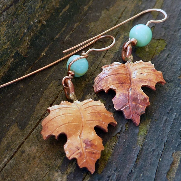 Copper Earrings Maple Leaf  Blue Peruvian Opal