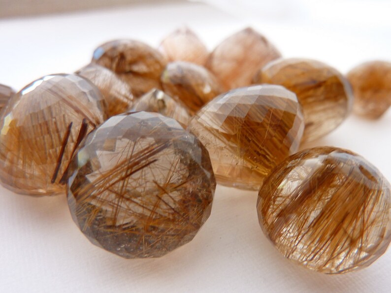 16mm AAA Rutilated Quartz Copper Rutiles Multi Faceted Onion Briolette 16mm X 14mm