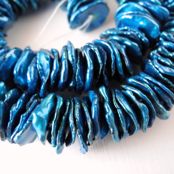 Freshwater Keishi Pearls Center Drill Cobalt Blue  Bright Blue Cornflake Petal Pearls 12mm 13mm 4 inch Strand