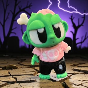 May include: A green and pink zombie figurine with a bone in its head, wearing a pink shirt with a skull design and black shorts. The figurine has large white eyes and green feet. The background is a purple night scene with lightning and bare trees.