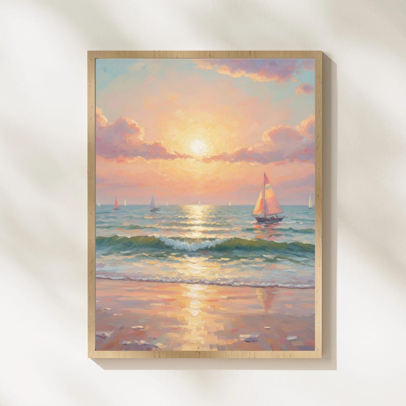 May include: A framed painting of a sunset over the ocean. The sky is filled with pink and orange hues, with fluffy clouds. Sailboats dot the water, and the waves are green. The beach is painted in shades of pink and tan.