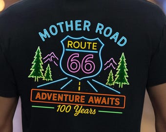Retro Route 66 Neon Shirt, Mother Road 100 Years Adventure Awaits Tee
