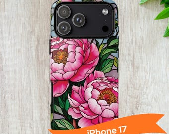 Floral iPhone Tough Case: Pink Peony Stained Glass Design, iPhone 17