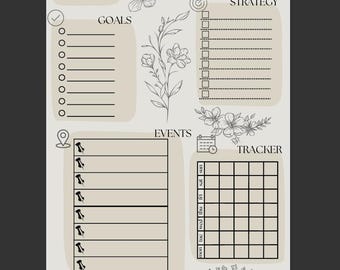 Op de afbeelding: Een afdrukbare plannerpagina met een bloemenontwerp. De pagina is verdeeld in secties voor doelen, strategie, evenementen en een tracker. De maand januari staat bovenaan de pagina.
