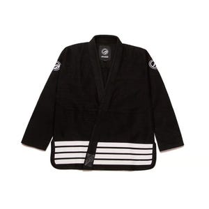 May include: Black martial arts uniform with white stripes and logo details. The uniform features a V-neck collar and is designed for martial arts training and competition. The brand logo is visible on the chest and sleeves.