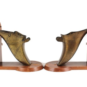 Gaucho Stirrup Bookends - Antique Brass Conquistador Stirrups Mounted on Carved Wood with Horse Shoe Motif