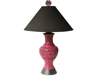 Vintage Cinnabar Style Table Lamp with Floral Landscape Relief - Chinoiserie Hollywood Regency