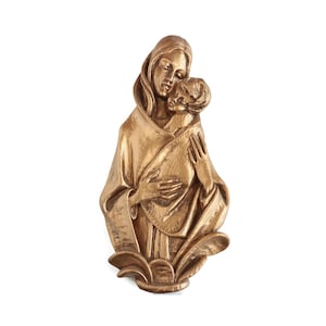 Mid Century Madonna and Child Wall Sculpture - Modernist Religious Plaque with Mary and Jesus in Gold