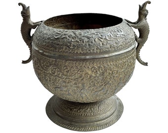 Anglo-Raj Makara Handled Vessel - Large Antique Centerpiece or Potted Plant Pot Container  - Embossed Indian Brass Urn