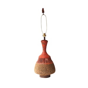 Burnt Orange Pierced Pottery & Cork Table Lamp - Large Scale Mid-Century Cork and Pottery Lamp