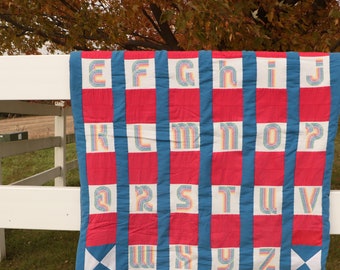 Rainbow Alphabet on Red White & Blue Cross Stitched Nursery Quilt Wall Hanging- Quilted Banner