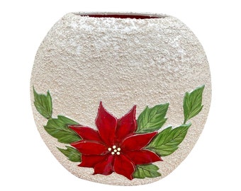 Mid-Century Poinsettia Flower Christmas Vase - Sand Textured Stucco Disk Vase