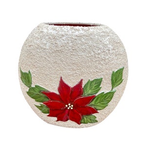Mid-Century Poinsettia Flower Christmas Vase - Sand Textured Stucco Disk Vase