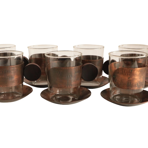 Schaefer Copper & Rosewood Cups and Saucers - Set of 7