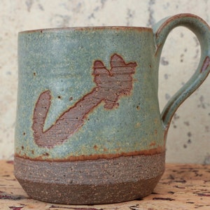 Vintage Studio Pottery Mug - Green Floral Coffee Cup with Abstract Leaf Design - Resist Glazed Mug