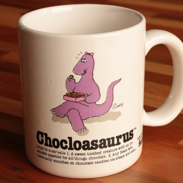 Chocloasaurus Coffee Mug - Chocolate Lover's Coffee Cup with Purple Dinosaur Eating a Box of Chocolates by Cliff Galbraith for Talking Tops