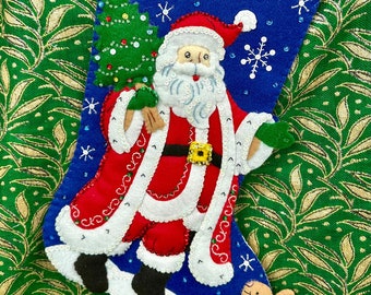 Finished Felt Stocking with Sequins and Beads - Beaded Applique Santa Claus and Bunny Completed Felt Stocking - Ready to Ship