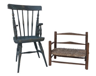 Miniature Windsor Replica Chair & Bench With Rush Seat - a Pair - American Folk Art Style Little Chairs