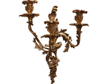 Louis XV Style Bronze Doré Three Arm Candle Sconce with Ornate Scrolled Acanthus Design - Rococo Style Decor