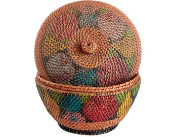 Antique Painted Basket with Lid - Folk Art Fruit Covered Basket