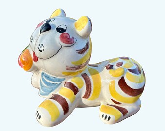 Vintage Striped Cat Piggy Bank -  Mid-Century Italian Art Pottery Coin Bank