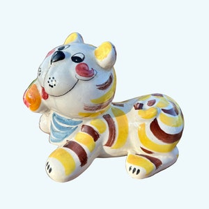 Vintage Striped Cat Piggy Bank -  Mid-Century Italian Art Pottery Coin Bank
