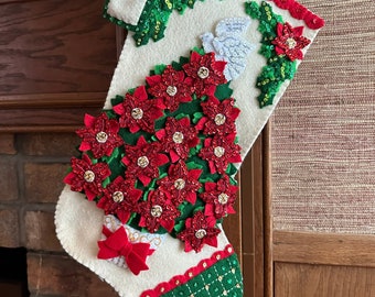 Poinsettia Tree Finished Felt Stocking with Sequins & Beads - Beaded Applique Poinsettia Flower Completed Stocking from a Plaid Bucilla Kit