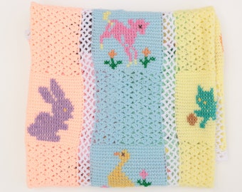 Vintage Baby Afghan with Cross Stitch Baby Animals in Pastel Hues