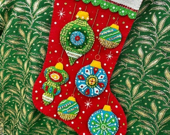 Finished Felt Stocking with Sequins and Beads - Beaded Applique Ornament Stocking - Ready to Ship
