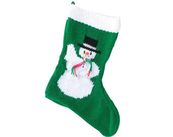 Ready to Ship Vintage Knit Snowman Stocking in Green & White - A Finished Traditional Hand Knitted Stocking