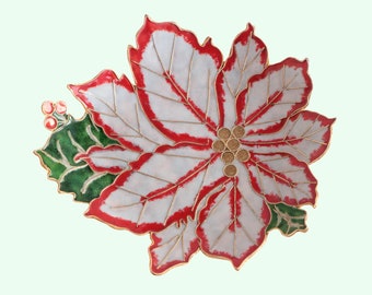 Champlevé Cloisonné Christmas Poinsettia Flower Dish - Shallow White & Red Candy Dish