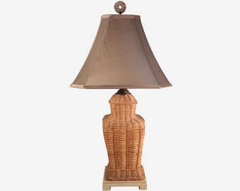 Asian Style Natural Wicker Table Lamp with Shade and Fossil Coral Lamp Finial - Complete Table Lamp