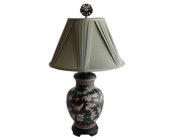 Famille Noire Painted Chinoiserie Hollywood Regency Asian Lamp Base - Matte Black with Cherry Blossom and Bird Motif