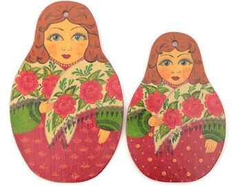 Matryoshka Russian Hand Painted Nesting Doll Style Trivets - Set of Two