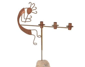 Copper Kokopelli Candleholder on a Stone Base with Three Candlestick Holders