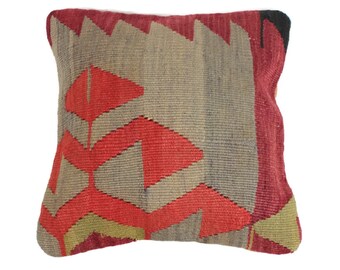Wool Kilim Pillow Cover In Rich Vegetable Dye Tones and Geometric Shapes