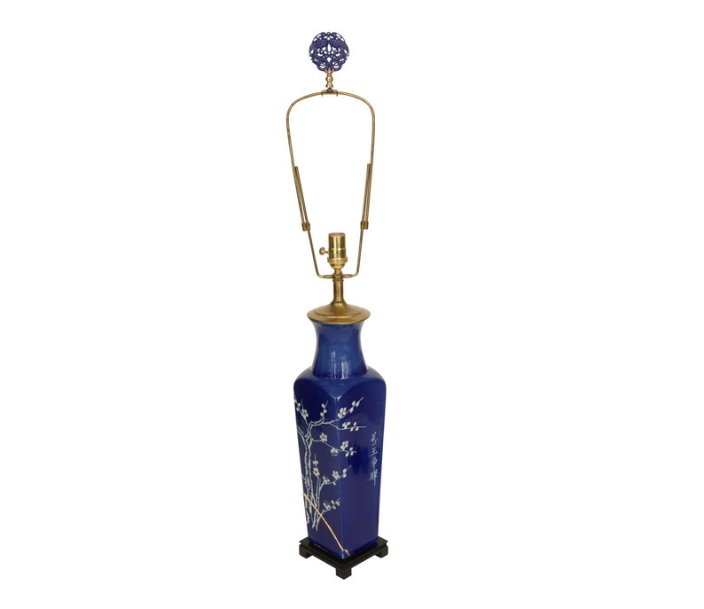 Kintsugi Style Gold Mended Blue And White Pottery Table Lamp Chinese Square Vase With Plum Blossom Motif