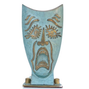 Mid-Century Face of Tragedy Enameled Brass Foldable Bookend - Made in Israel