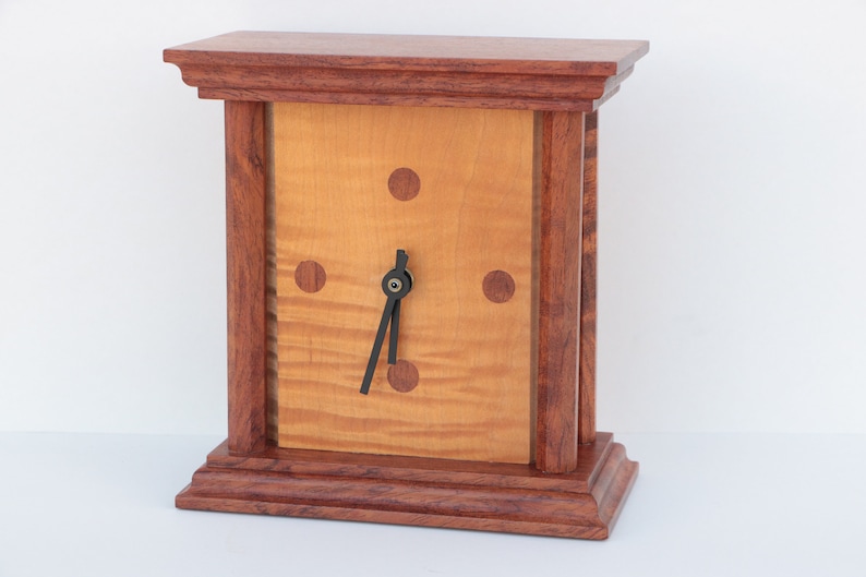 Modernist Wood Table Clock in Curly Maple with Mahogany Tone Case