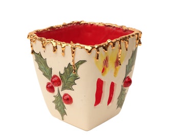 Mid-Century Holly and Weeping Gold Christmas Candleholder