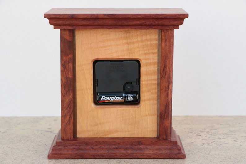 Modernist Wood Table Clock in Curly Maple with Mahogany Tone Case