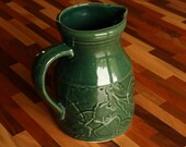 Vintage Verdant Green Stoneware Pitcher by Rowe Pottery Works Cambridge Wisconsin with All Over Leaf Design - Green Leaves