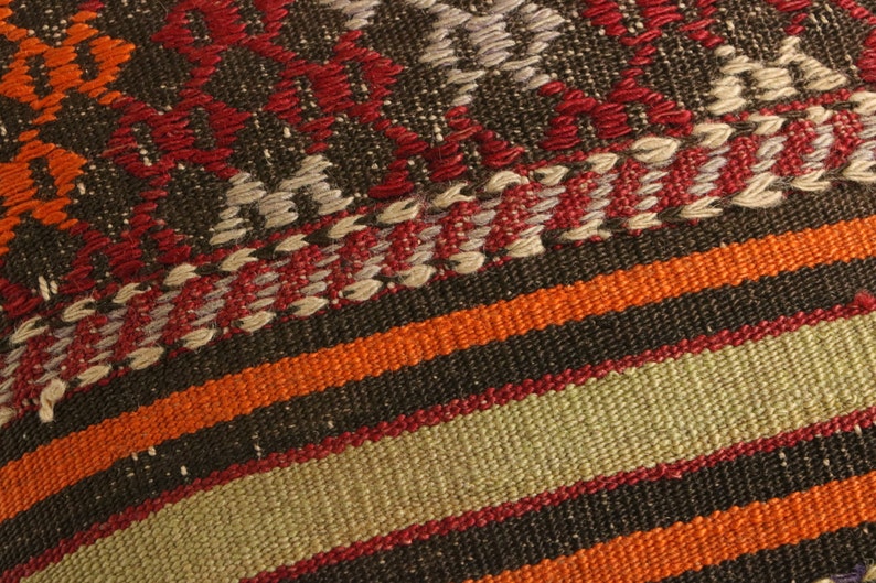 May include: Close-up of a woven fabric with a geometric pattern in shades of red, orange, brown, and beige.