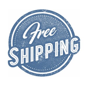 May include: A blue and white distressed circle stamp with the text "Free Shipping" in a vintage style font.