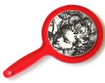 Lipstick Red Clear Lucite Vanity Mirror with Black and White Neoclassical Motif