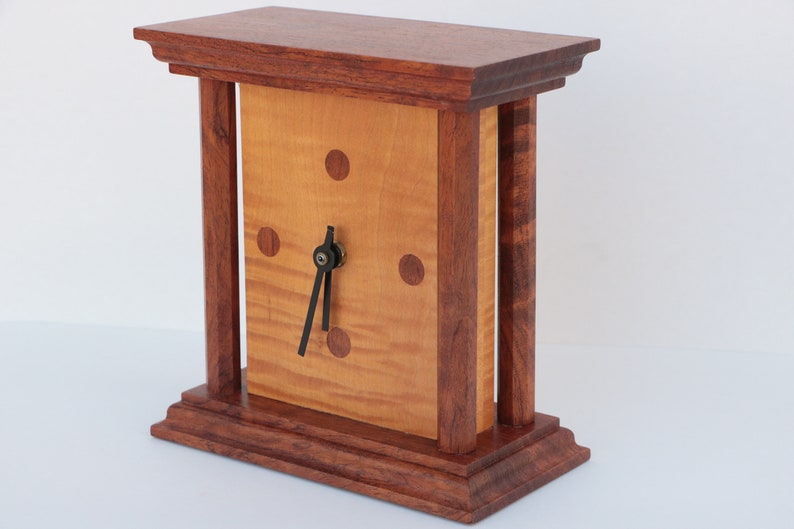 Modernist Wood Table Clock in Curly Maple with Mahogany Tone Case