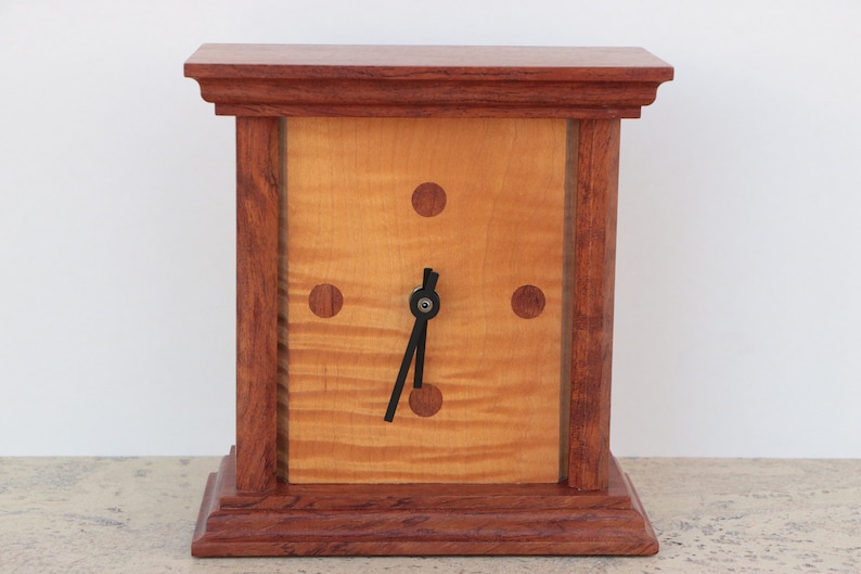 Modernist Wood Table Clock in Curly Maple with Mahogany Tone Case