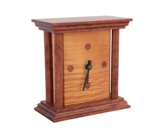 Modernist Wood Table Clock in Curly Maple with Mahogany Tone Case
