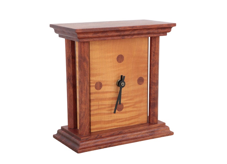 Modernist Wood Table Clock in Curly Maple with Mahogany Tone Case